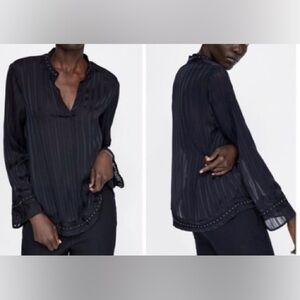 Zara Z1995 DENIM Black Striped Top Small See Through Embellishment Jewel Career